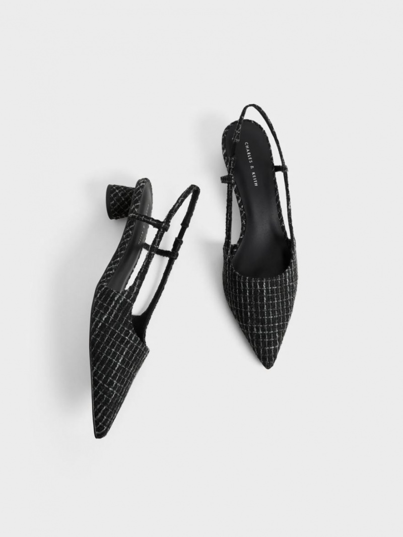 Charles And Keith Cylindrical Heel Tweed Slingback Pumps Black | PHILIPPINES D870