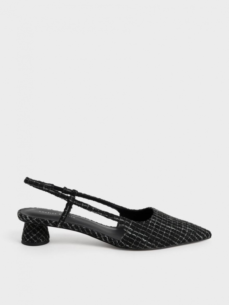 Charles And Keith Cylindrical Heel Tweed Slingback Pumps Black | PHILIPPINES D870