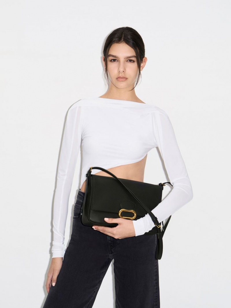 Charles And Keith Daki Belted Trapeze Shoulder Bags Black | PHILIPPINES P792