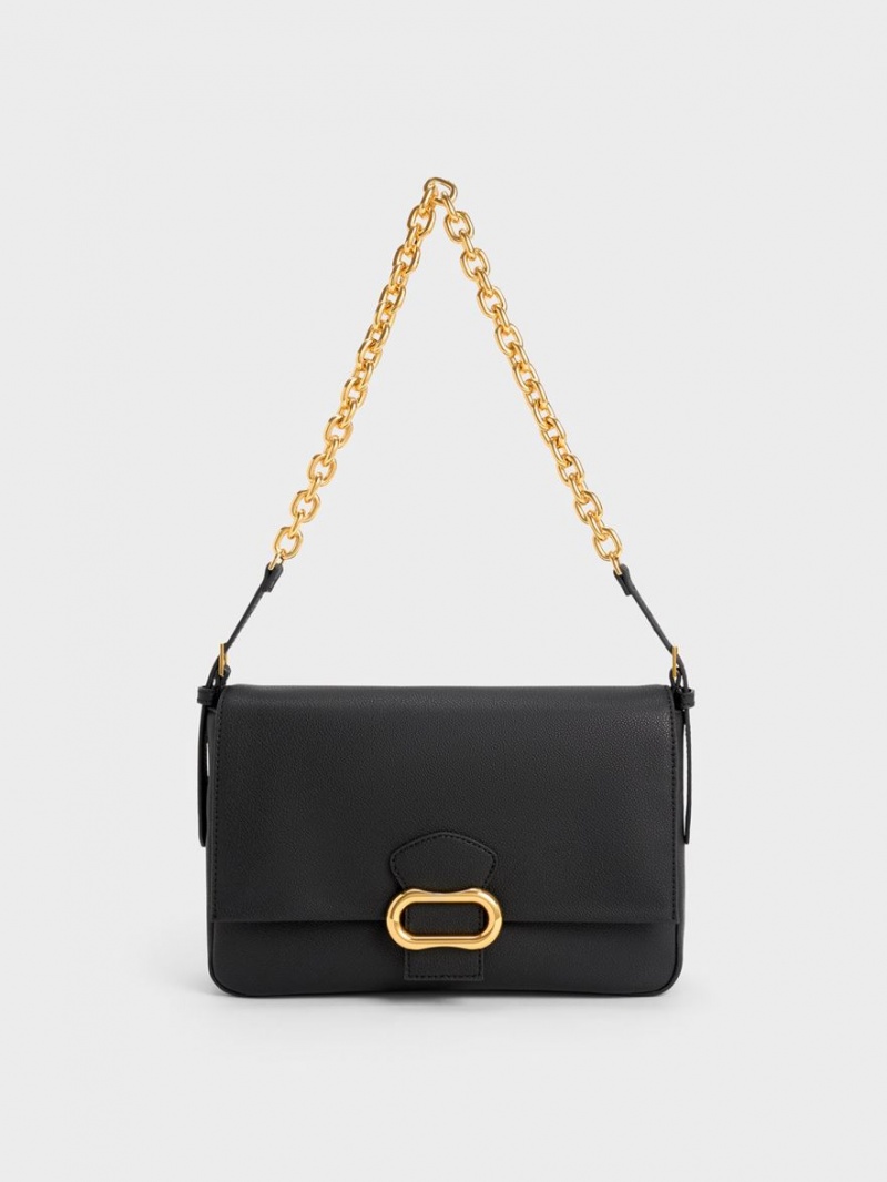 Charles And Keith Daki Belted Trapeze Shoulder Bags Black | PHILIPPINES P792