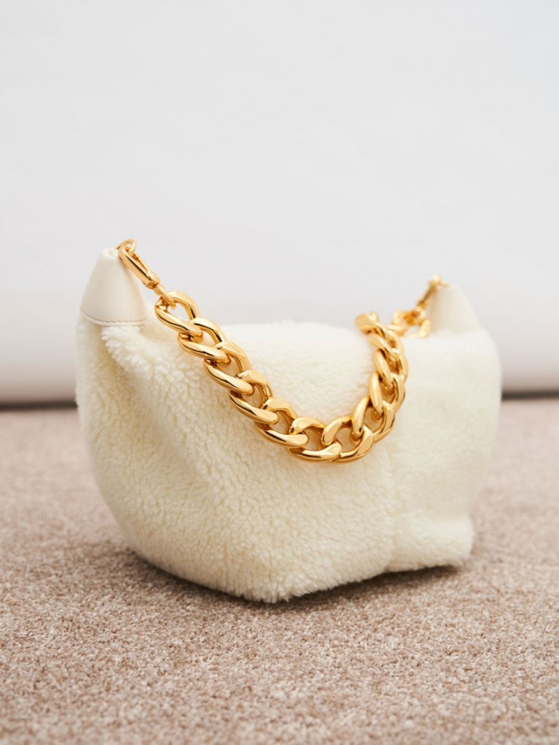 Charles And Keith Daki Chain Handle Furry Hobo Bag Cream | PHILIPPINES J376