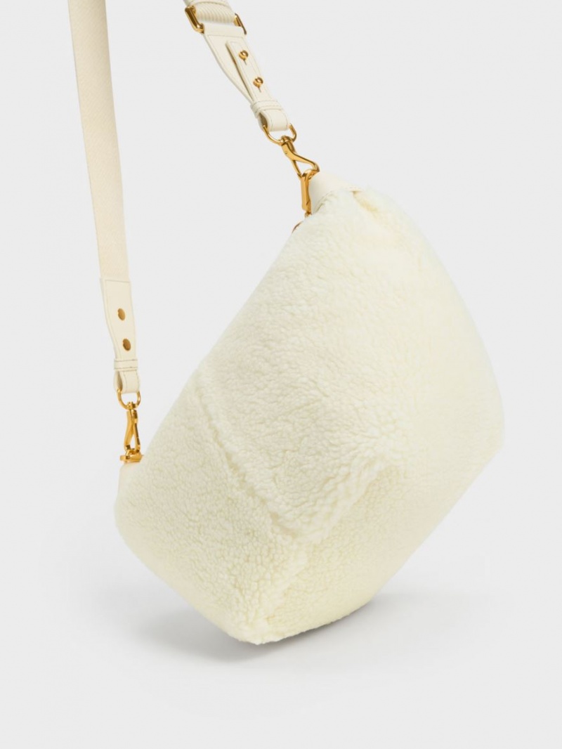 Charles And Keith Daki Chain Handle Furry Hobo Bag Cream | PHILIPPINES J376