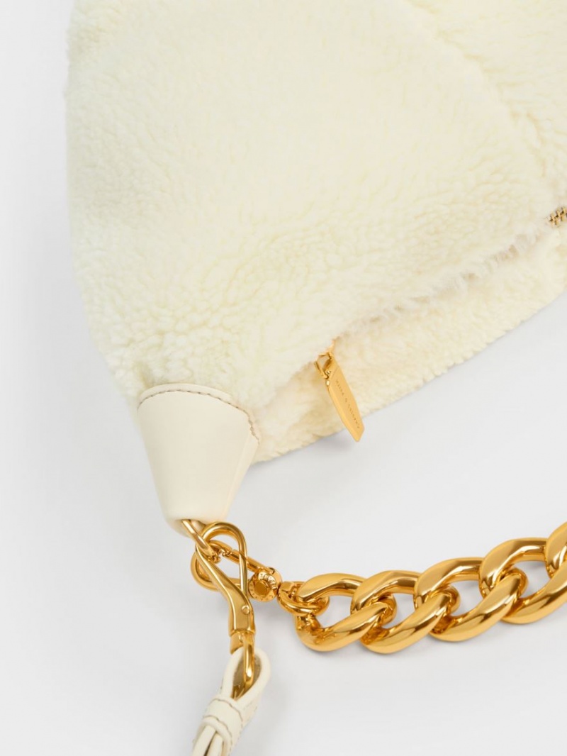 Charles And Keith Daki Chain Handle Furry Hobo Bag Cream | PHILIPPINES J376