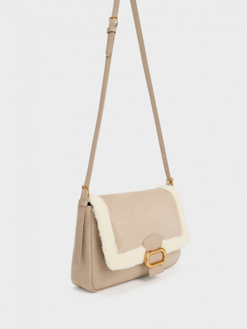 Charles And Keith Daki Fur-Trim Belted Trapeze Shoulder Bags Beige | PHILIPPINES B319