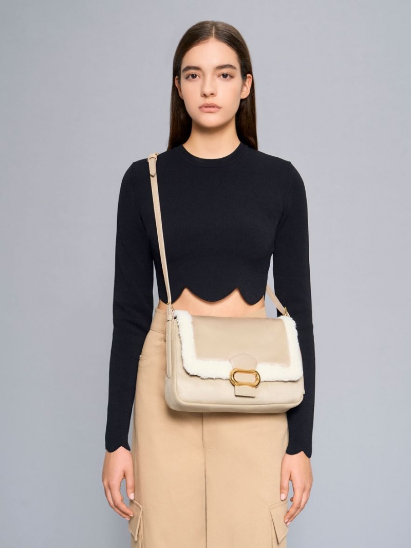 Charles And Keith Daki Fur-Trim Belted Trapeze Shoulder Bags Beige | PHILIPPINES B319