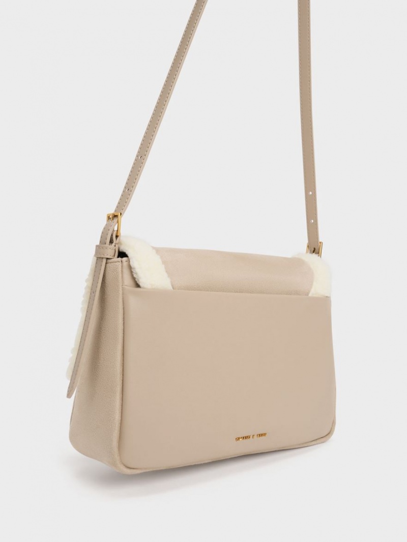 Charles And Keith Daki Fur-Trim Belted Trapeze Shoulder Bags Beige | PHILIPPINES B319