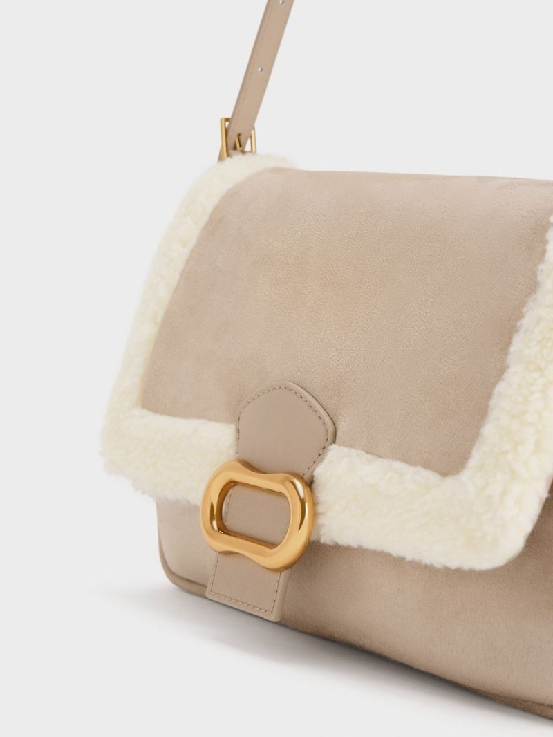 Charles And Keith Daki Fur-Trim Belted Trapeze Shoulder Bags Beige | PHILIPPINES B319