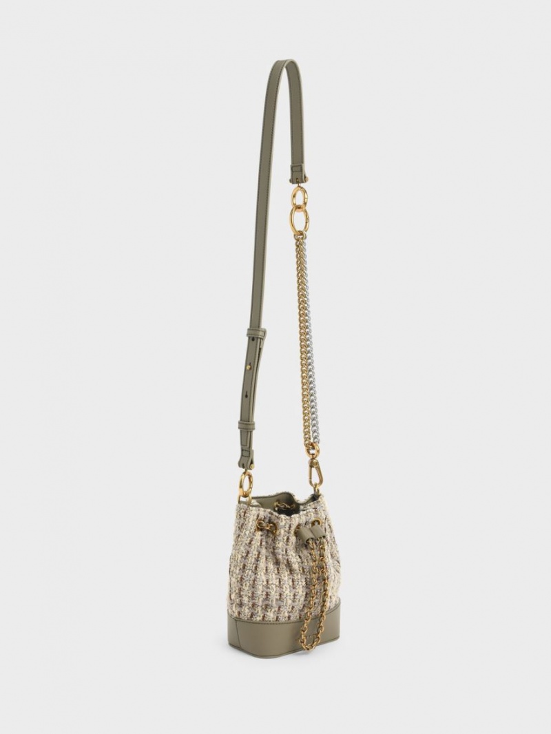 Charles And Keith Dancer Chunky Chain Tweed Bucket Bags Grey | PHILIPPINES M587