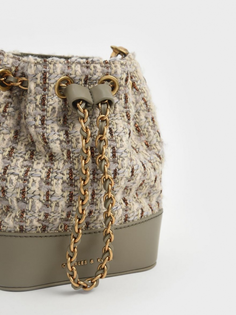 Charles And Keith Dancer Chunky Chain Tweed Bucket Bags Grey | PHILIPPINES M587