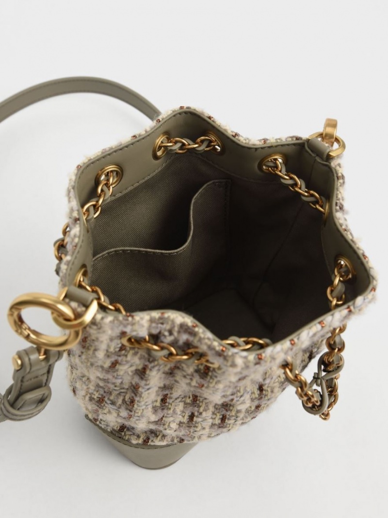 Charles And Keith Dancer Chunky Chain Tweed Bucket Bags Grey | PHILIPPINES M587