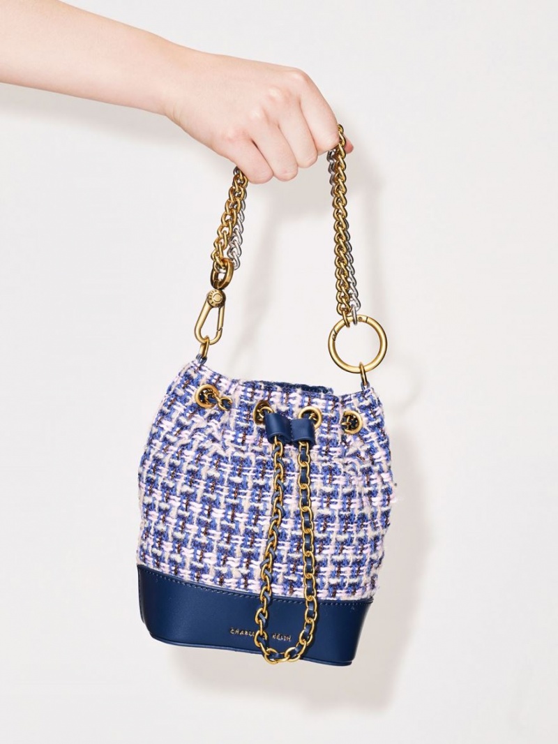 Charles And Keith Dancer Tweed Drawstring Bucket Bags Navy | PHILIPPINES M546