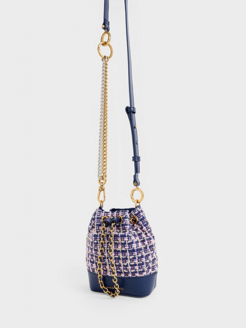 Charles And Keith Dancer Tweed Drawstring Bucket Bags Navy | PHILIPPINES M546