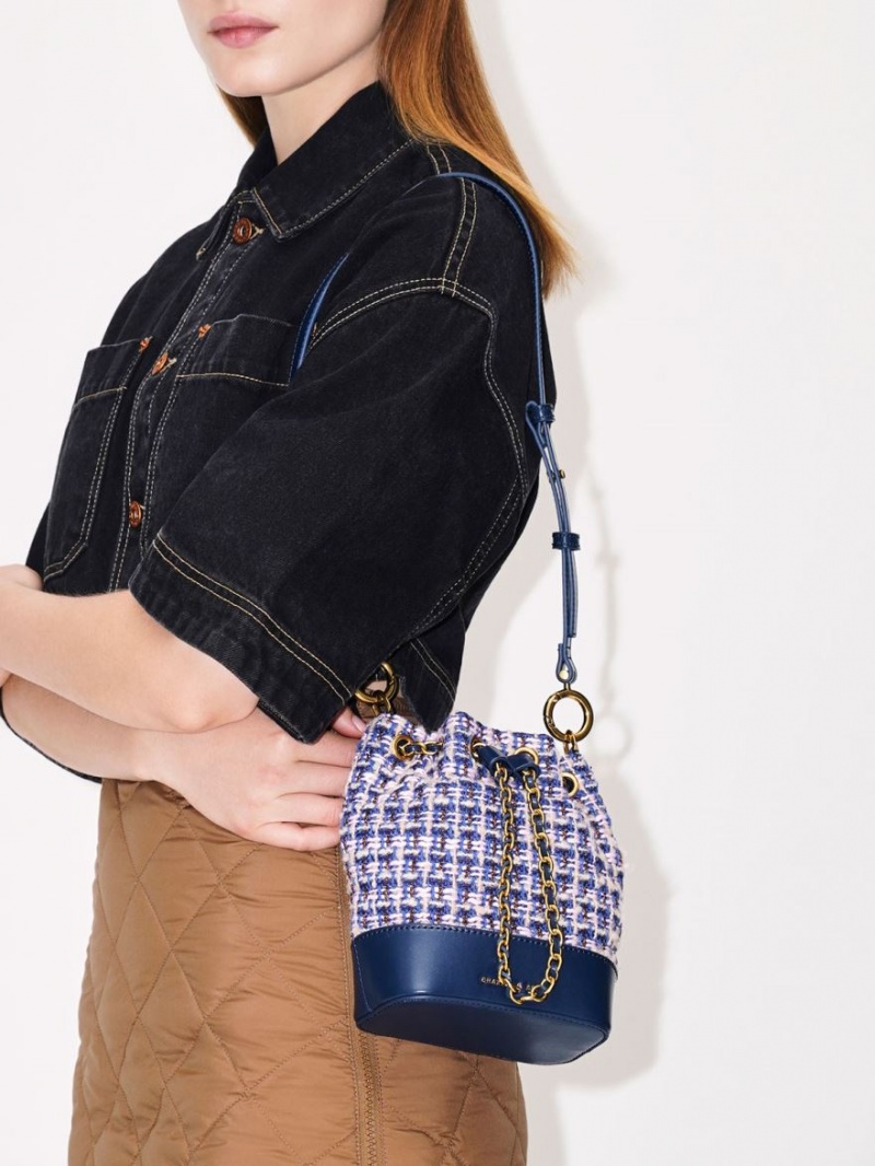 Charles And Keith Dancer Tweed Drawstring Bucket Bags Navy | PHILIPPINES M546