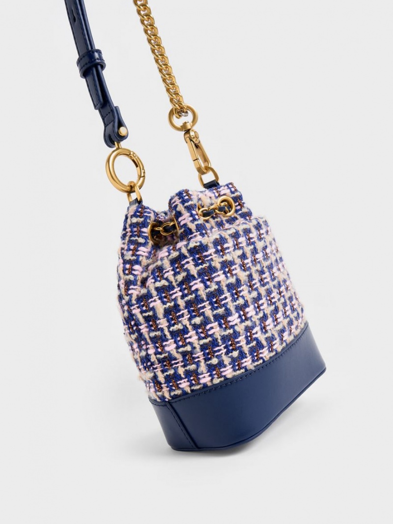 Charles And Keith Dancer Tweed Drawstring Bucket Bags Navy | PHILIPPINES M546