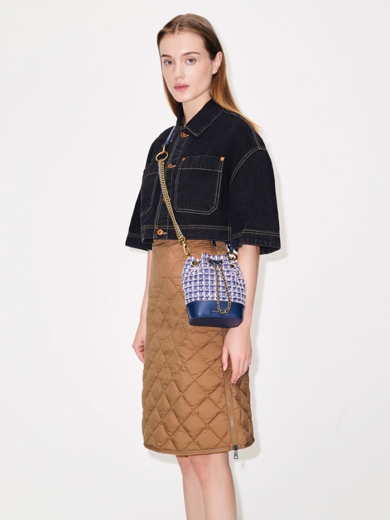 Charles And Keith Dancer Tweed Drawstring Bucket Bags Navy | PHILIPPINES M546