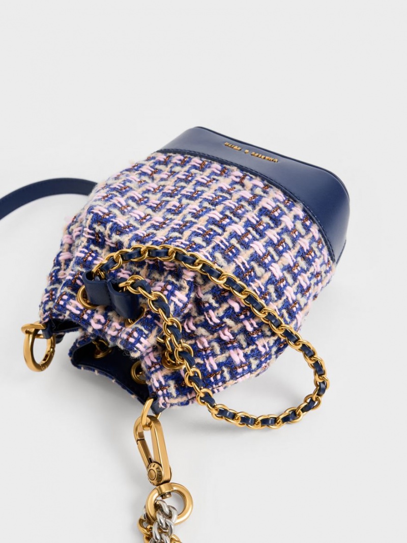 Charles And Keith Dancer Tweed Drawstring Bucket Bags Navy | PHILIPPINES M546