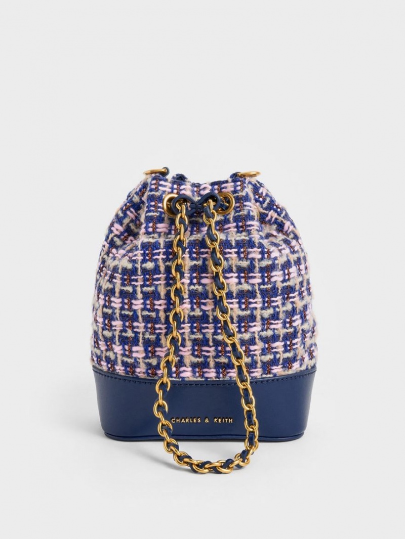 Charles And Keith Dancer Tweed Drawstring Bucket Bags Navy | PHILIPPINES M546