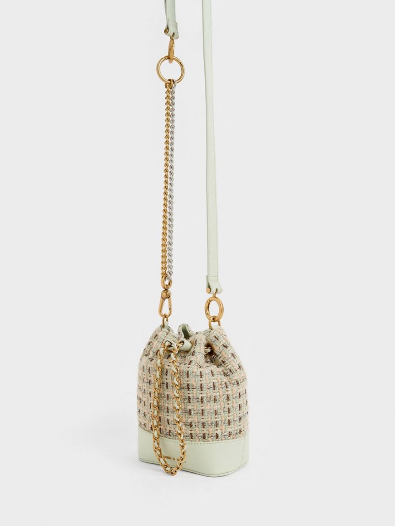 Charles And Keith Dancer Tweed Drawstring Bucket Bags Mint | PHILIPPINES F085