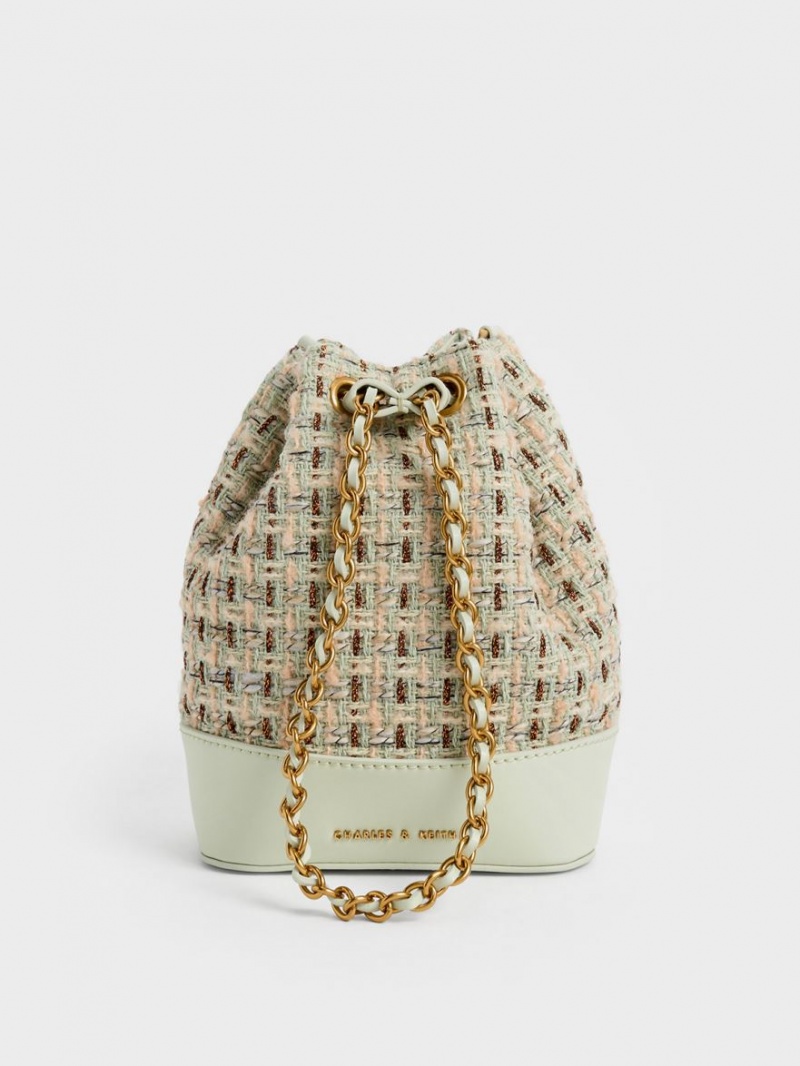 Charles And Keith Dancer Tweed Drawstring Bucket Bags Mint | PHILIPPINES F085