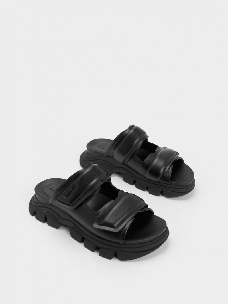 Charles And Keith Dash Double Strap Slides Black | PHILIPPINES H038