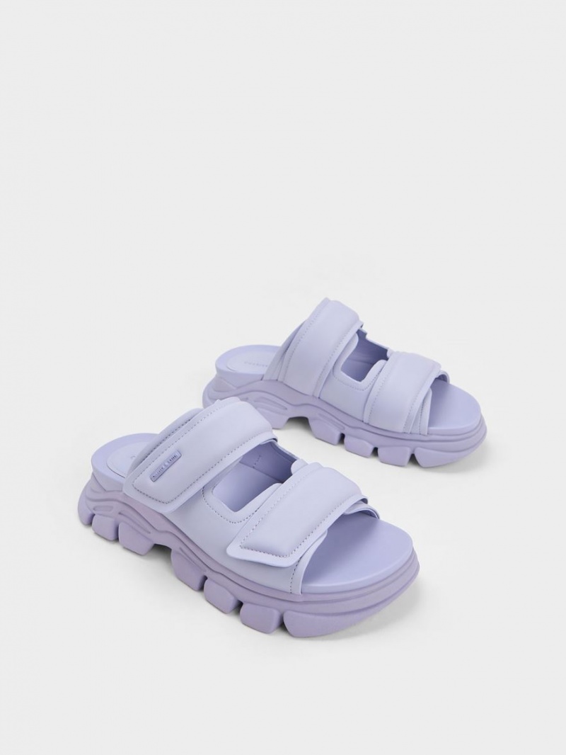 Charles And Keith Dash Double Strap Slides Purple | PHILIPPINES U739