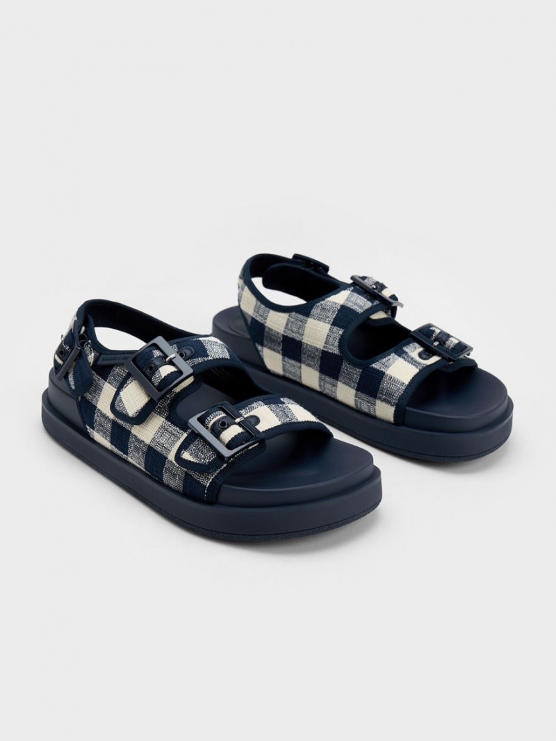 Charles And Keith Della Gingham Buckled Platform Sandals Dark Blue | PHILIPPINES R928