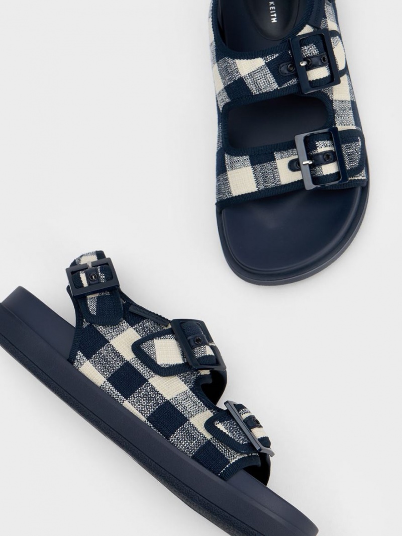 Charles And Keith Della Gingham Buckled Platform Sandals Dark Blue | PHILIPPINES R928