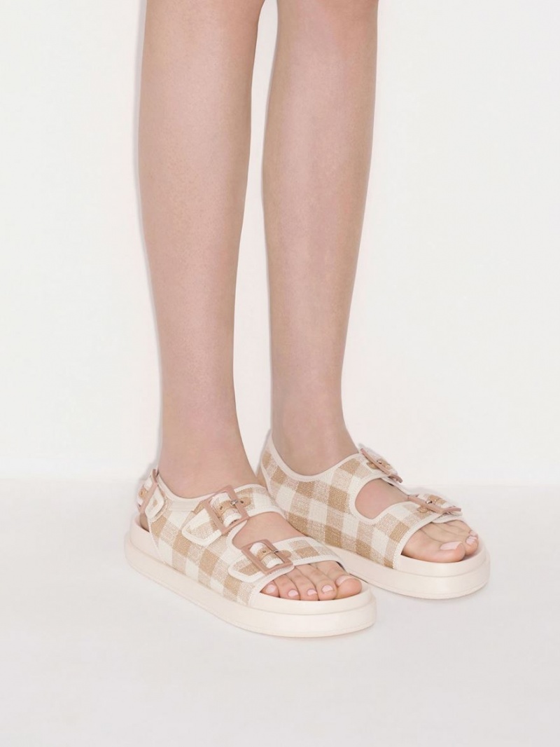 Charles And Keith Della Gingham Buckled Platform Sandals Beige | PHILIPPINES D356