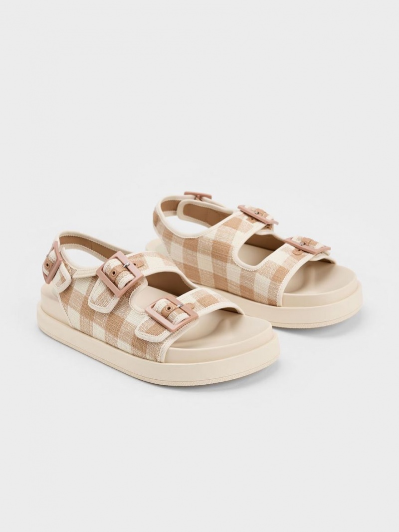 Charles And Keith Della Gingham Buckled Platform Sandals Beige | PHILIPPINES D356