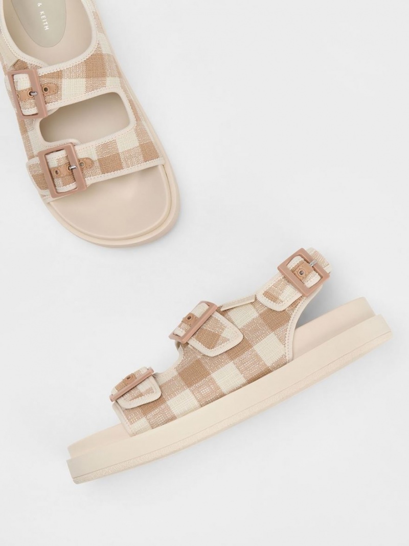 Charles And Keith Della Gingham Buckled Platform Sandals Beige | PHILIPPINES D356