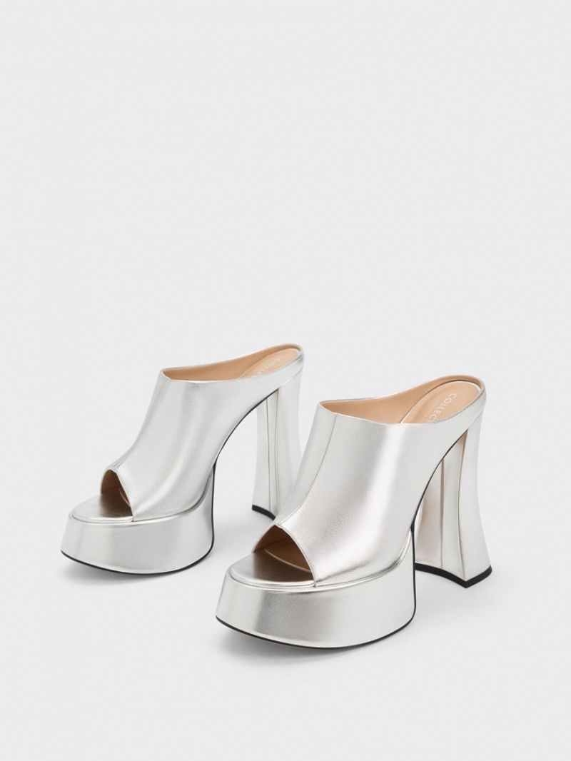 Charles And Keith Delphine Leather Metallic Platform Mules Silver | PHILIPPINES Z216