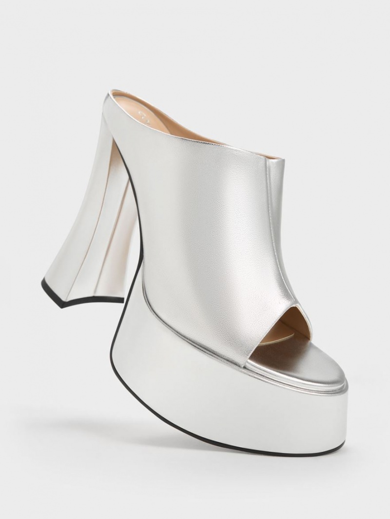 Charles And Keith Delphine Leather Metallic Platform Mules Silver | PHILIPPINES Z216