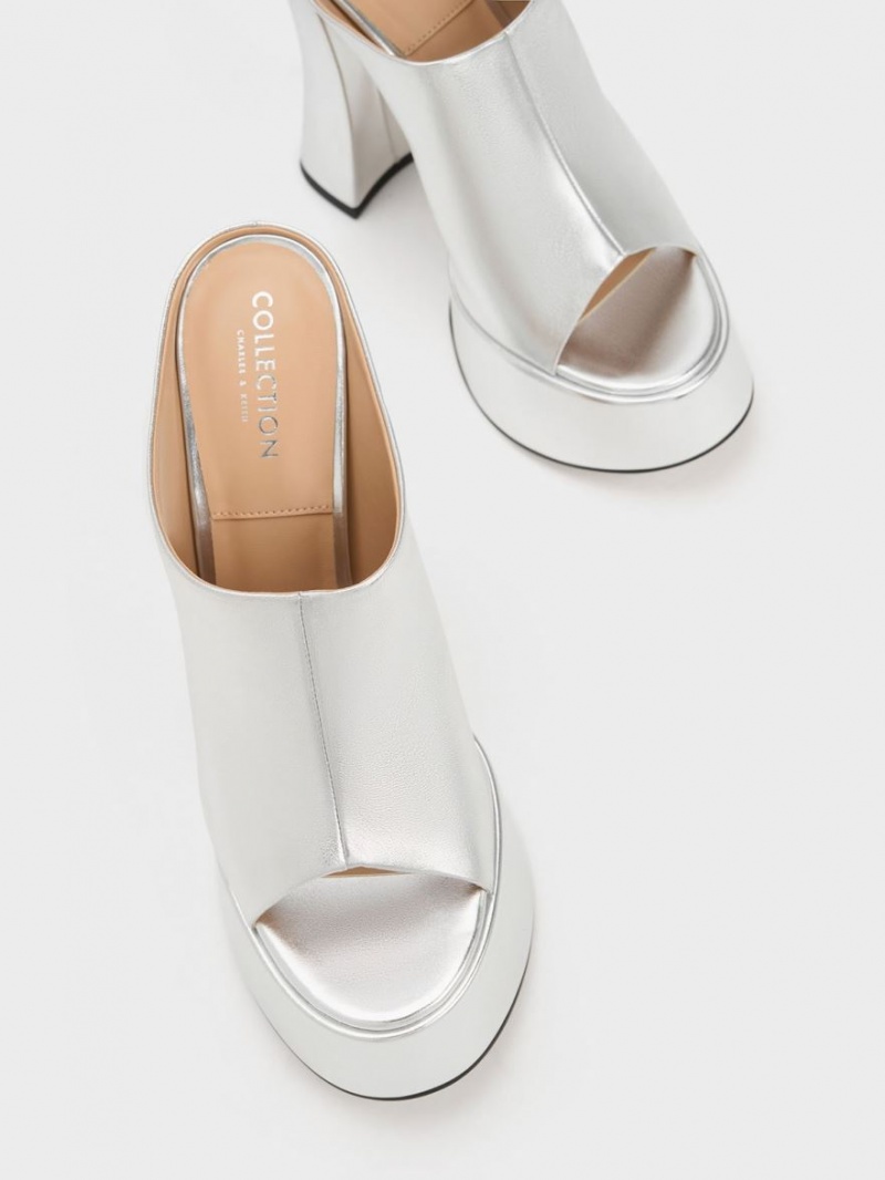 Charles And Keith Delphine Leather Metallic Platform Mules Silver | PHILIPPINES Z216