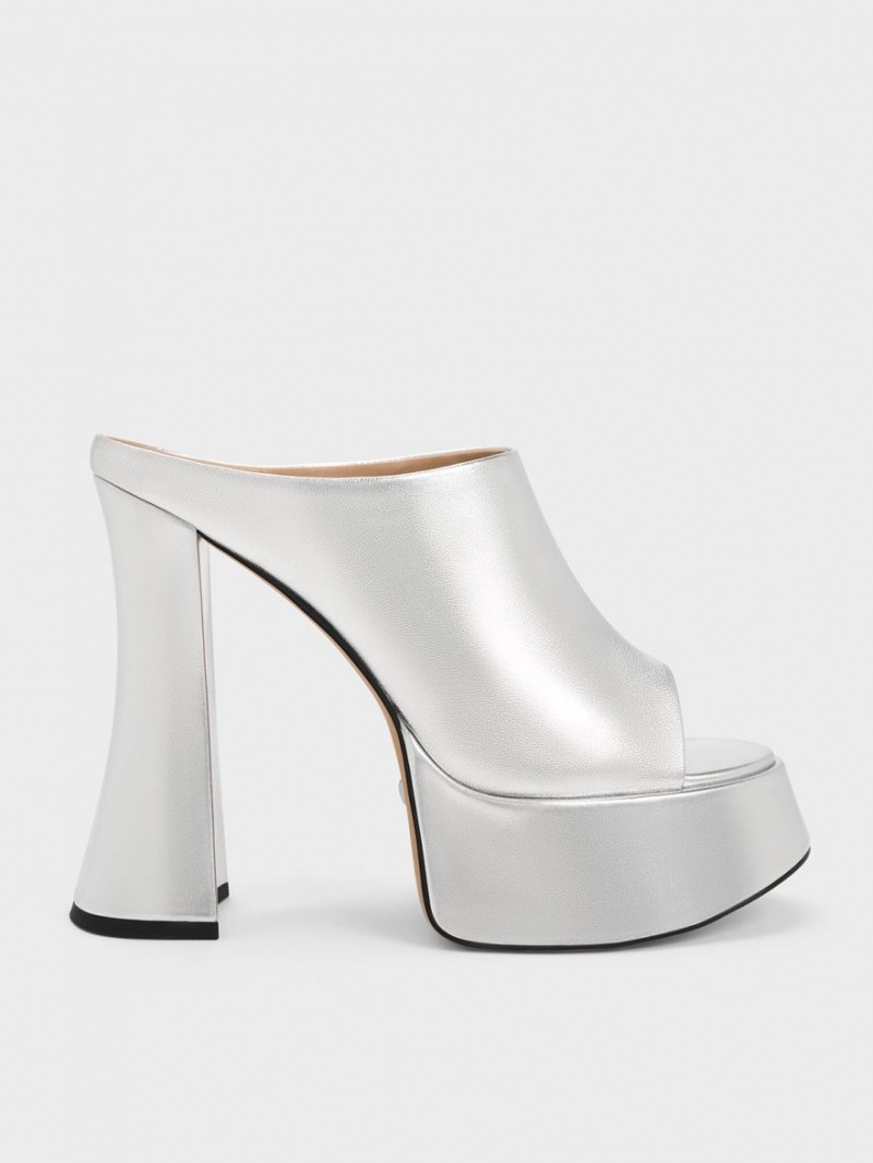 Charles And Keith Delphine Leather Metallic Platform Mules Silver | PHILIPPINES Z216