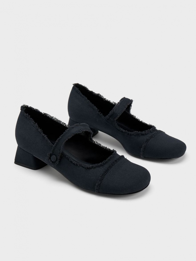 Charles And Keith Denim Block Heel Mary Jane Shoes Dark Blue | PHILIPPINES A496