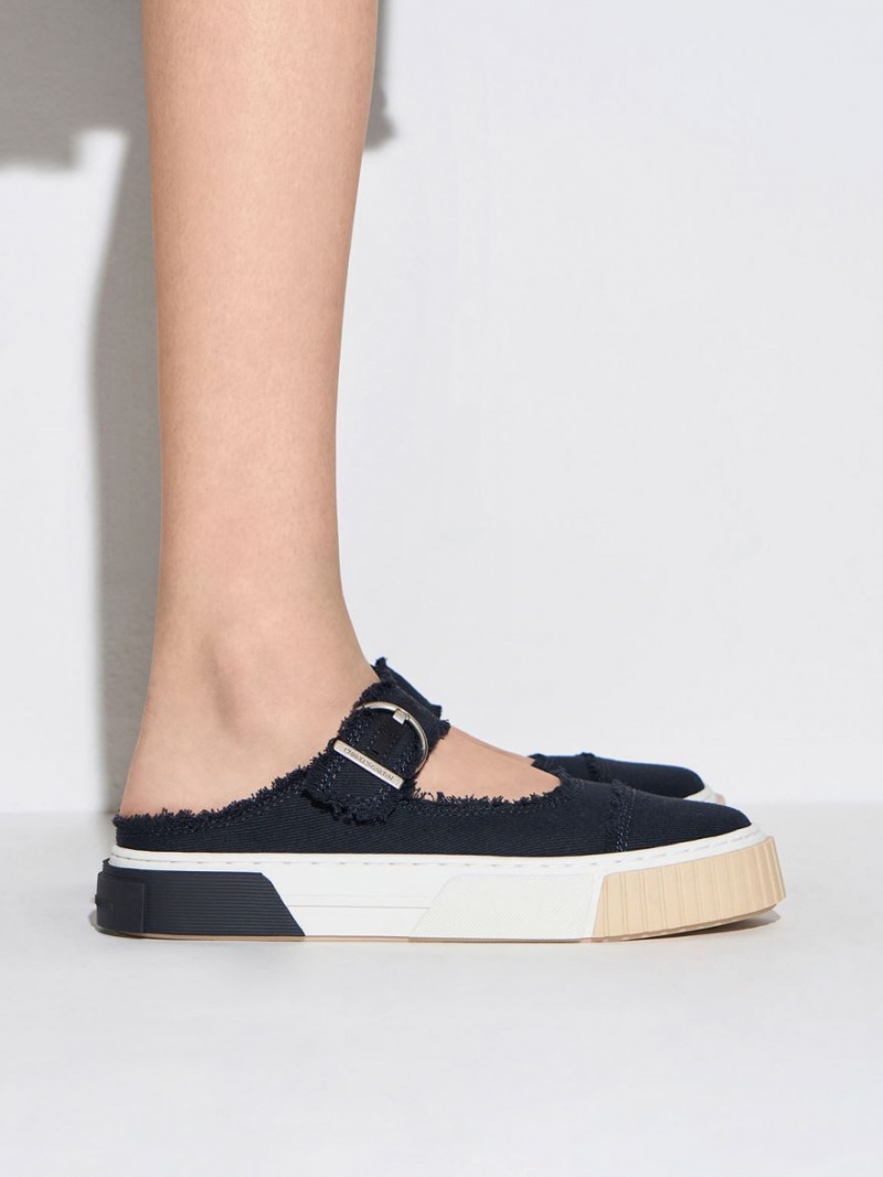 Charles And Keith Denim Buckled Slip On Sneakers Dark Blue | PHILIPPINES I792