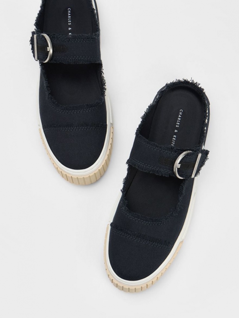 Charles And Keith Denim Buckled Slip On Sneakers Dark Blue | PHILIPPINES I792