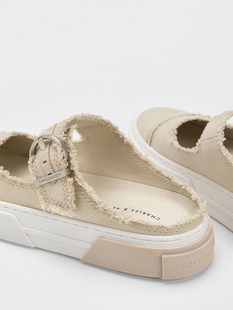 Charles And Keith Denim Buckled Slip On Sneakers Beige | PHILIPPINES E986