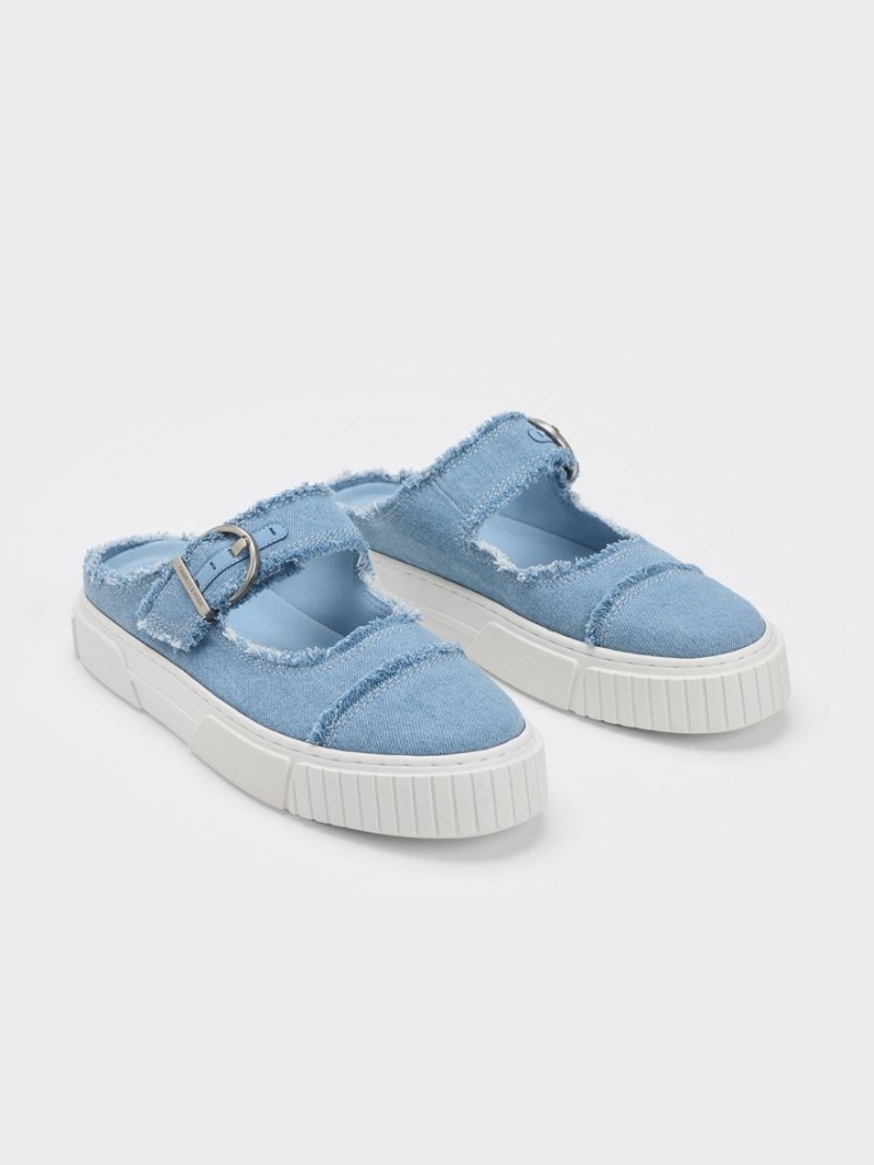 Charles And Keith Denim Buckled Slip On Sneakers Light Blue | PHILIPPINES A705