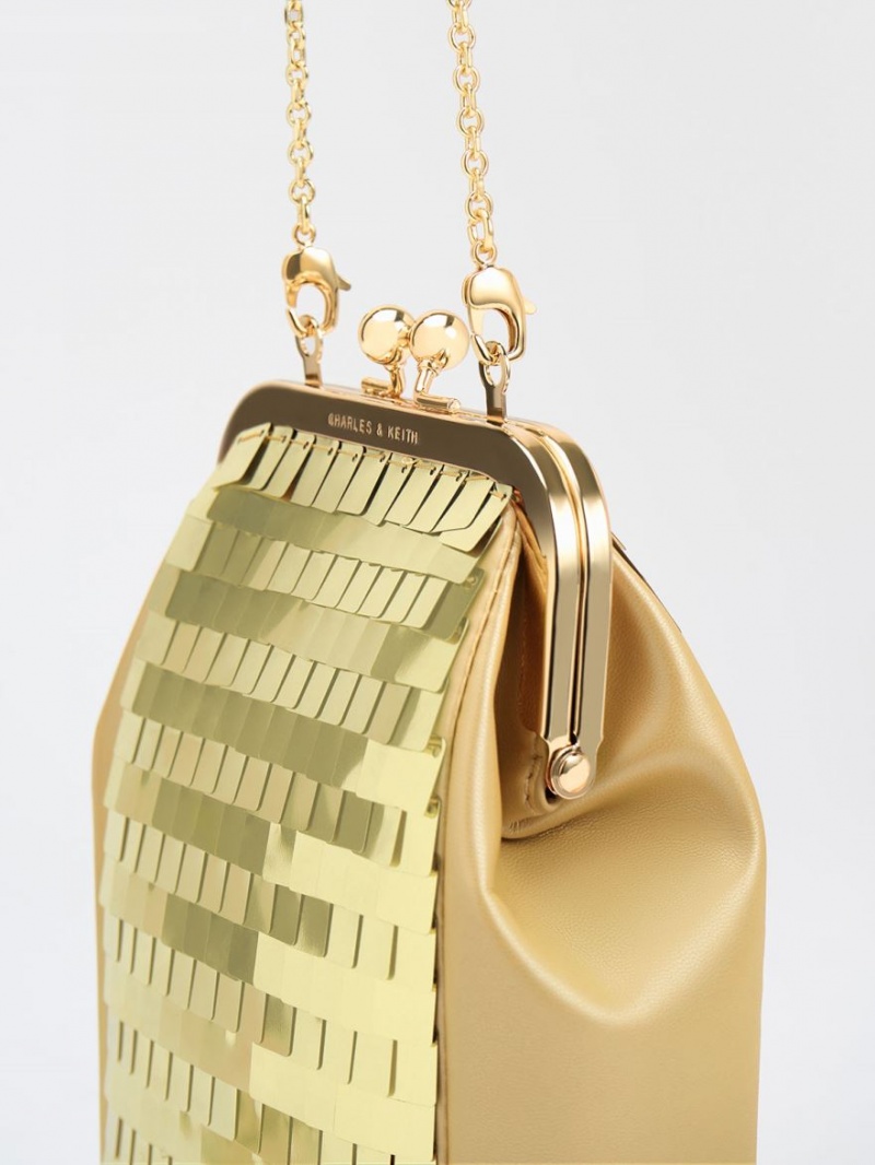 Charles And Keith Disc-Embellished Chain Handle Pouches Gold | PHILIPPINES E369