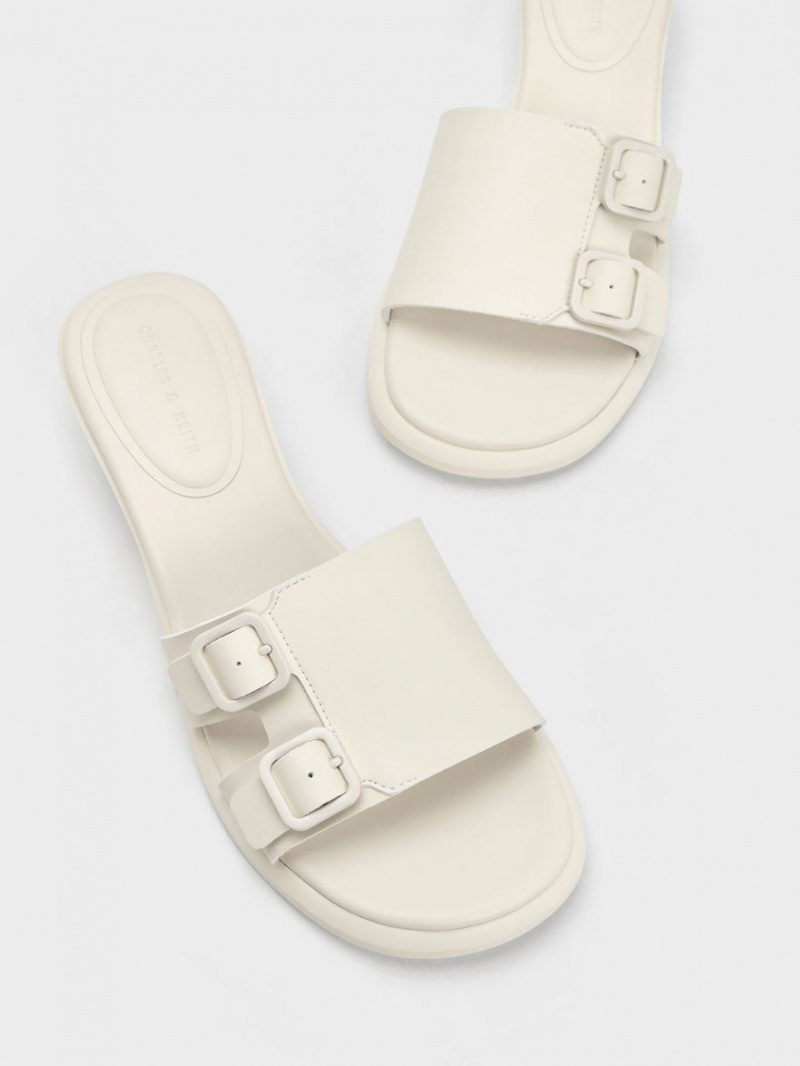 Charles And Keith Double Buckle Sculptural Mules White | PHILIPPINES L521