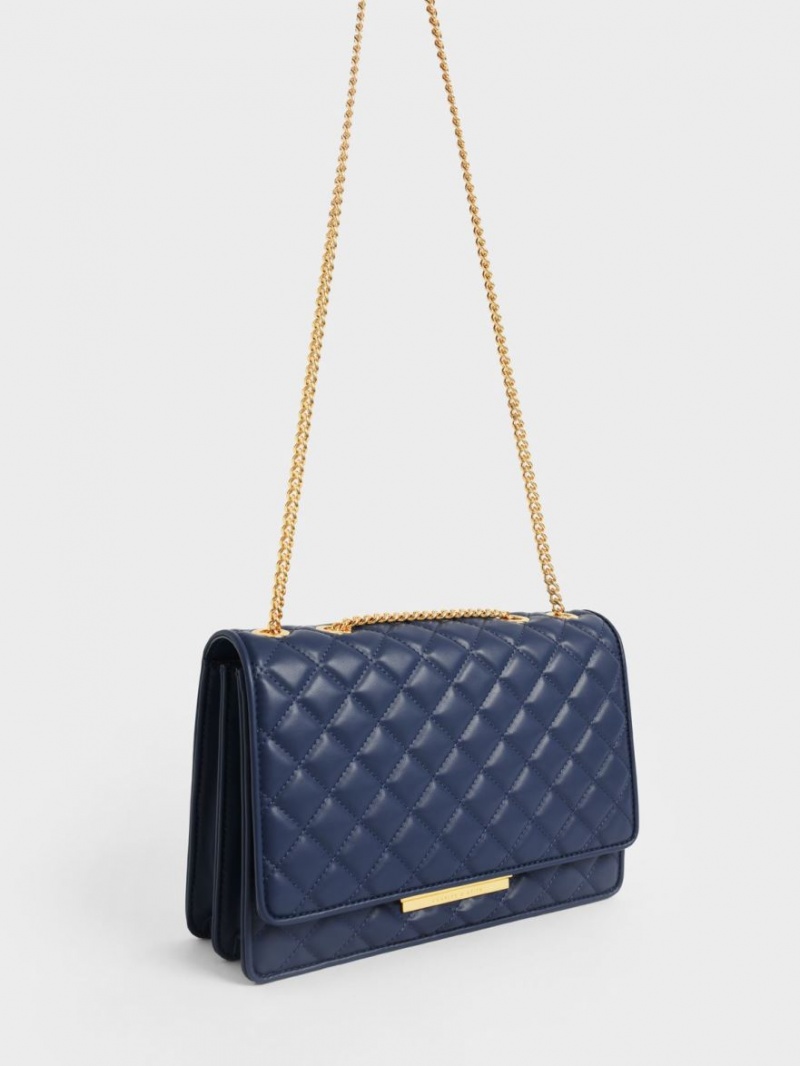 Charles And Keith Double Chain Handle Quilted Shoulder Bags Navy | PHILIPPINES R530