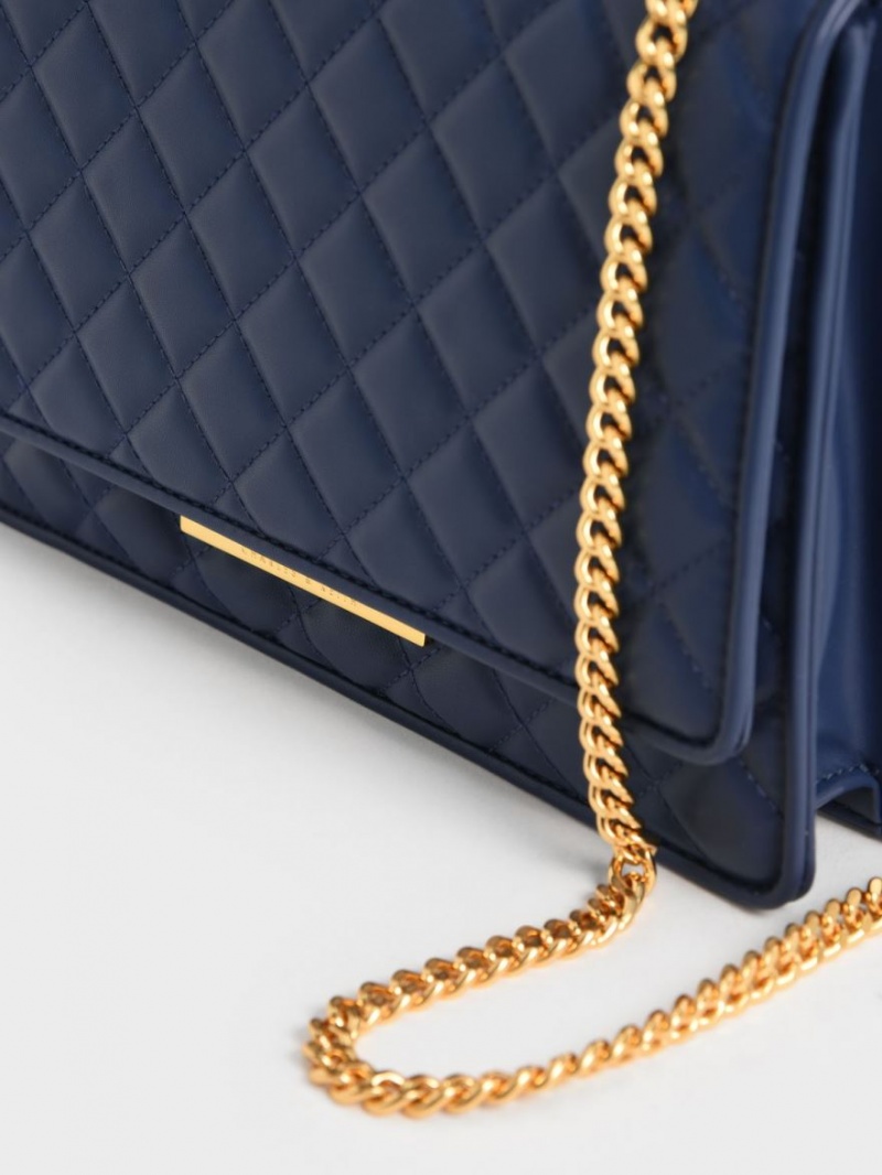 Charles And Keith Double Chain Handle Quilted Shoulder Bags Navy | PHILIPPINES R530