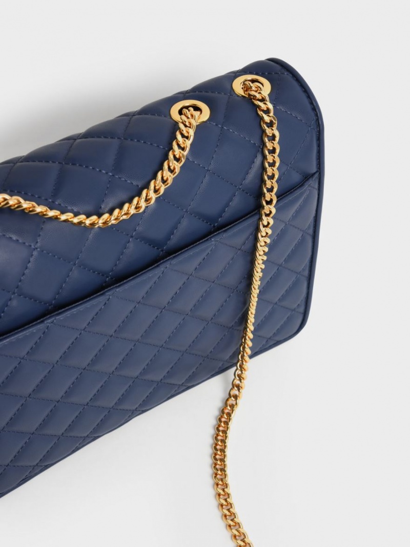 Charles And Keith Double Chain Handle Quilted Shoulder Bags Navy | PHILIPPINES R530