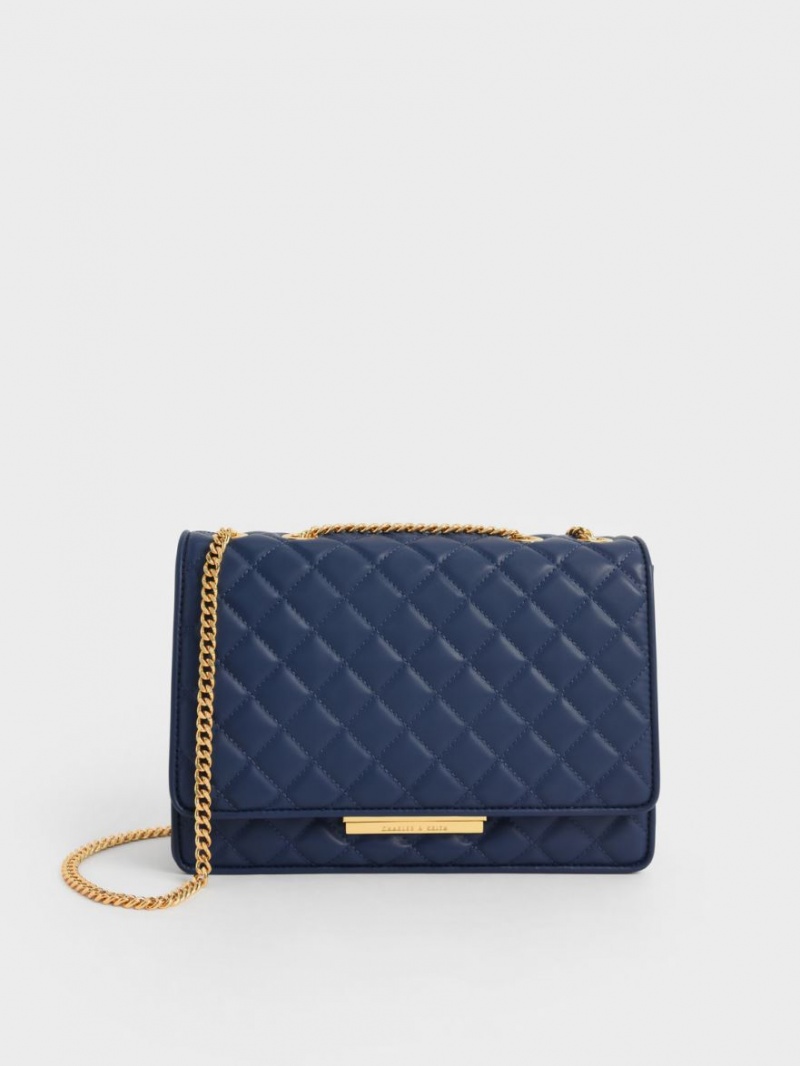 Charles And Keith Double Chain Handle Quilted Shoulder Bags Navy | PHILIPPINES R530