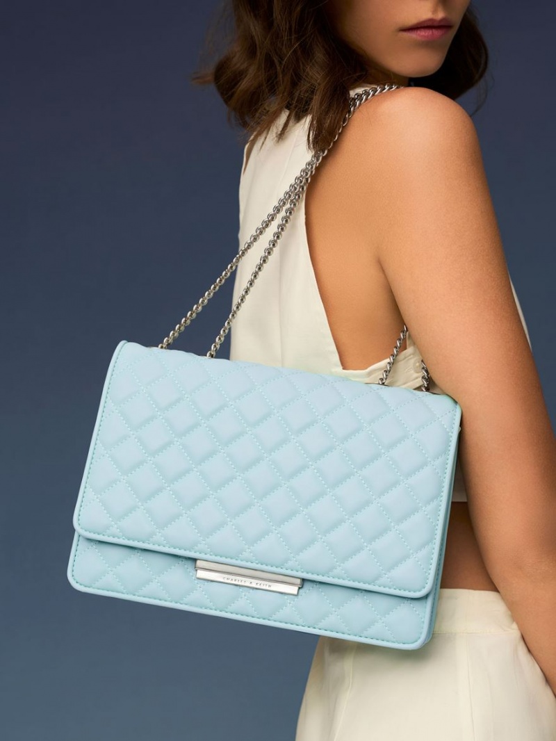 Charles And Keith Double Chain Handle Quilted Shoulder Bags Light Blue | PHILIPPINES E540