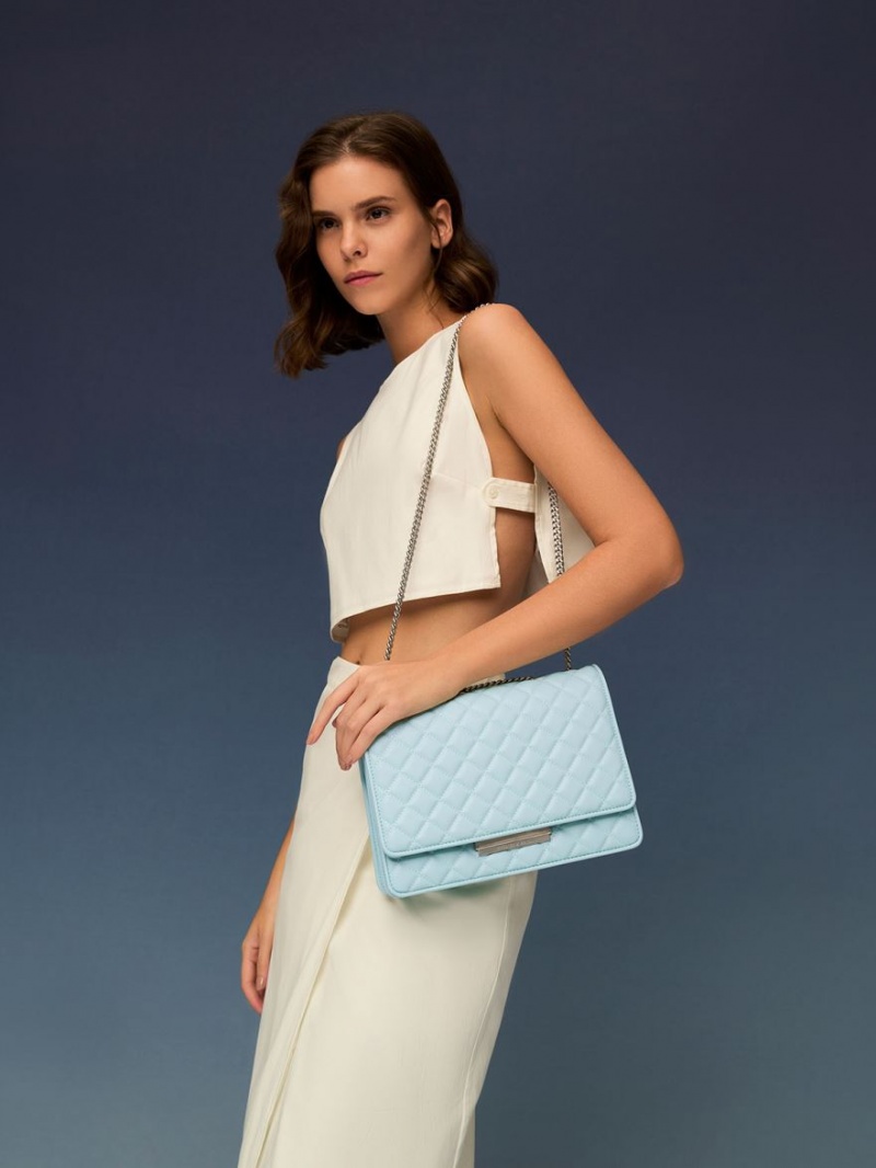 Charles And Keith Double Chain Handle Quilted Shoulder Bags Light Blue | PHILIPPINES E540