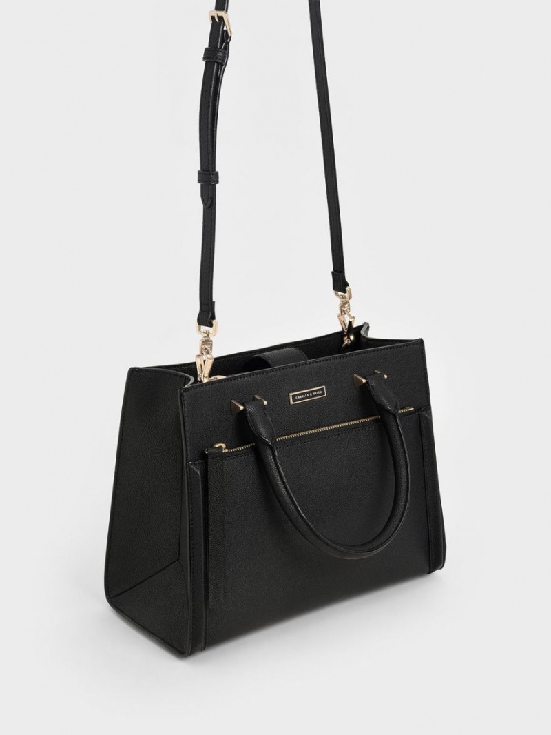 Charles And Keith Double Handle Front Zip Tote Bags Black | PHILIPPINES F238