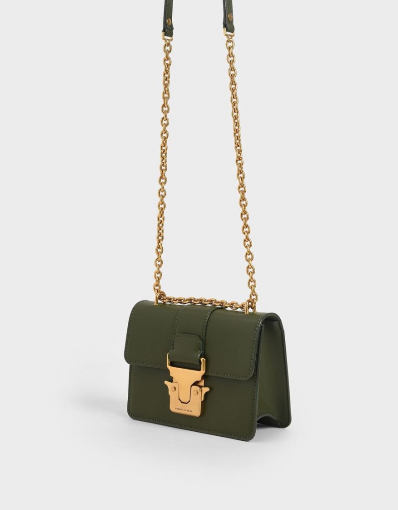 Charles And Keith Double Handle Metallic Push-Lock Shoulder Bags Olive | PHILIPPINES B807