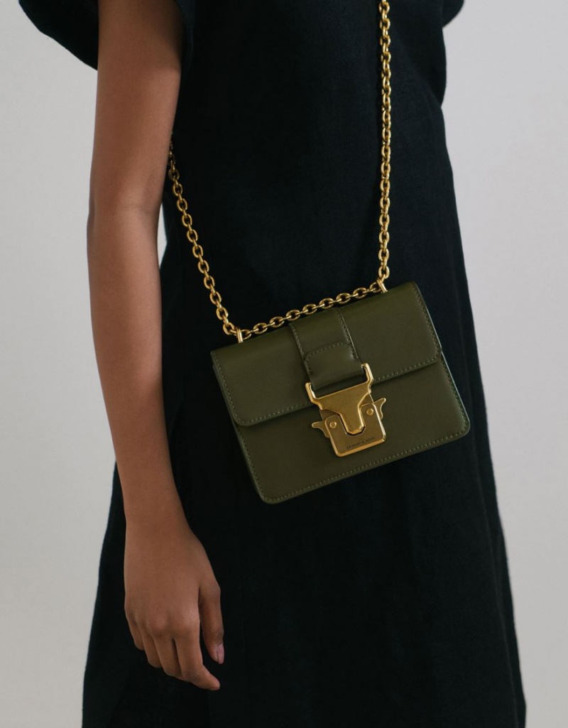 Charles And Keith Double Handle Metallic Push-Lock Shoulder Bags Olive | PHILIPPINES B807